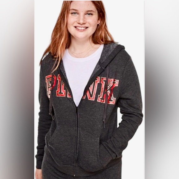 PINK Victoria's Secret Everyday Lounge Full Zip Charcoal Plaid Hoodie Size M - Picture 1 of 14